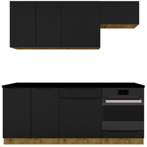 Pegane – Cuisine complète 6 éléments noir/chêne artisan – Longueur 200 cm – Meubles en panneau de particules 16mm – Poignées intégrées (1/5)