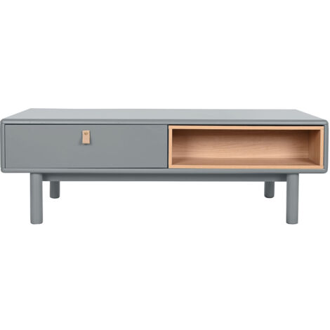Table basse, table de salon rectangulaire avec 2 tiroirs en bois naturel et PU gris - longueur 120 x profondeur 60 x Hauteur 40 cm (1/5)