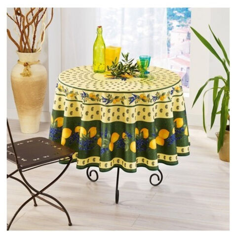 Nappe de Table Provençale Ronde 180cm, linge table Anti-Tâche Glycine, 100% Polyester coloris Citron-Vert (1/3)