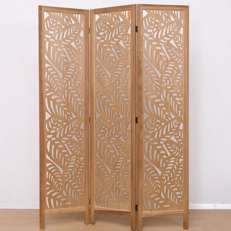 Pegane – Paravent ajouré en bois paulownia 3 pans motifs feuille – Hauteur 170 cm, longueur 120 cm – Coloris brun clair décoratif