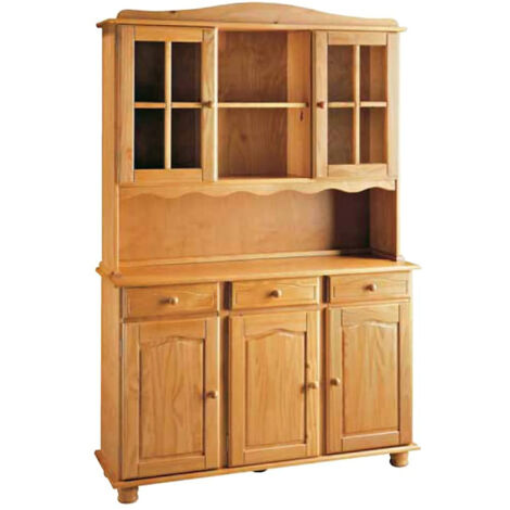 Pegane – Vitrine meuble de rangement en pin massif miel – 5 portes, 3 tiroirs, 2 niches – Dimensions 130 x 42 x 197 cm – Poids 54 kg