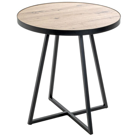 Table d'appoint, Table de salon ronde en bois chêne et métal noir - diamètre 48 x hauteur 52 cm (1/5)