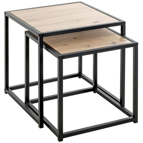 Lot de 2 tables d'appoints en bois chêne et métal noir (1/4)