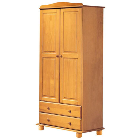 Armoire, meuble de rangement en pin massif coloris miel avec 2 portes et 2 tiroirs - Longueur 90 x Profondeur 52 x Hauteur 197 cm (1/2)