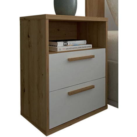 Table de chevet, table de nuit coloris chêne Albar, blanc - Hauteur 64 x Longueur 48 x profondeur 33 cm (1/2)