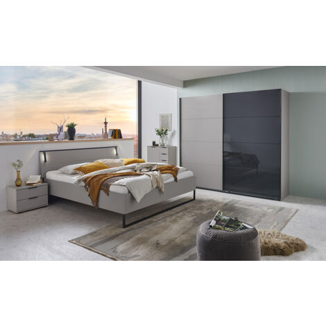 Chambre à coucher complète adulte ( lit adulte 160 x 200 cm+ Commode + tables de chevet+ Armoire à portes coulissantes ) coloris Gris/Noir rechampis graphite (1/5)