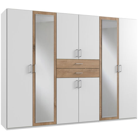 Armoire Placard, meuble de rangement avec 2 miroirs coloris Blanc, rechampis imitation chêne poutre - Longueur 270 x Hauteur 208 x Profondeur 58 cm (1/3)