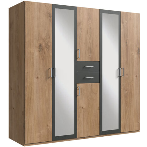Armoire Placard, meuble de rangement avec 2 miroirs coloris Imitation chêne poutre, rechampis graphite - Longueur 225 x Hauteur 208 x Profondeur 58 cm (1/3)