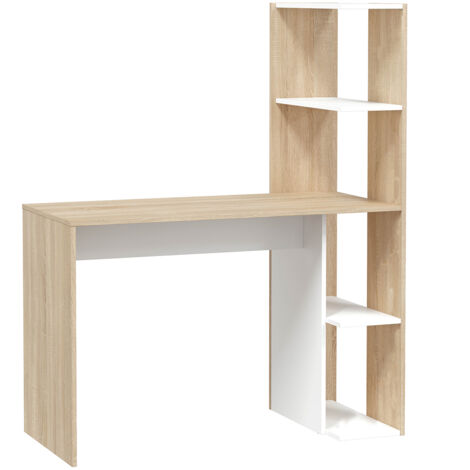 Pegane – Bureau réversible avec étagères en bois mélaminé blanc artic et chêne canadien – Dimensions 136 x 110 x 52 cm – Poids max 25 kg