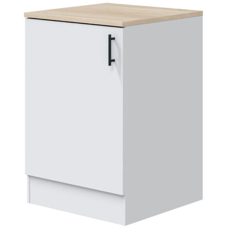 Pegane – Meuble bas de cuisine 1 porte blanc brillant – Plan de travail effet chêne canadien – Dimensions 90x60x60 cm – Charnières métalliques