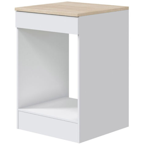 Pegane – Meuble bas de cuisine pour four – Mélamine blanc brillant et chêne canadien – Dimensions 90 x 60 x 60 cm – Patins réglables