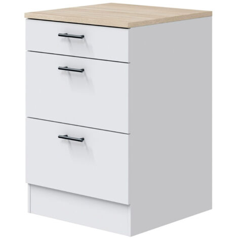 Pegane – Meuble bas de cuisine 3 tiroirs – Plan de travail blanc brillant et chêne canadien – Dimensions 90x60x60 cm – Système Soft Close