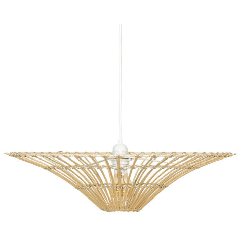 Lampe suspendue, Suspension luminaire ronde en bois coloris beige et métal blanc - diamètre 56 x Hauteur 98 cm (1/4)