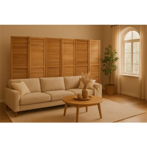 Paravent persienne de 6 pans en bois, coloris brun clair - Dim : H170 x L240cm -PEGANE-