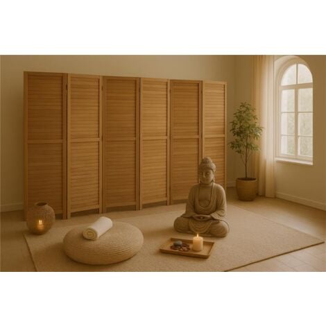 Paravent persienne de 6 pans en bois, coloris brun clair - Dim : H170 x L240cm -PEGANE-