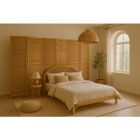 Paravent persienne de 6 pans en bois, coloris brun clair - Dim : H170 x L240cm -PEGANE-