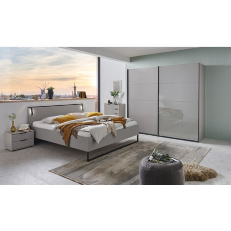 Chambre à coucher complète adulte ( lit adulte 180 x 200 cm+ Commode + tables de chevet+ Armoire à portes coulissantes ) Gris, rechampis graphite (1/5)
