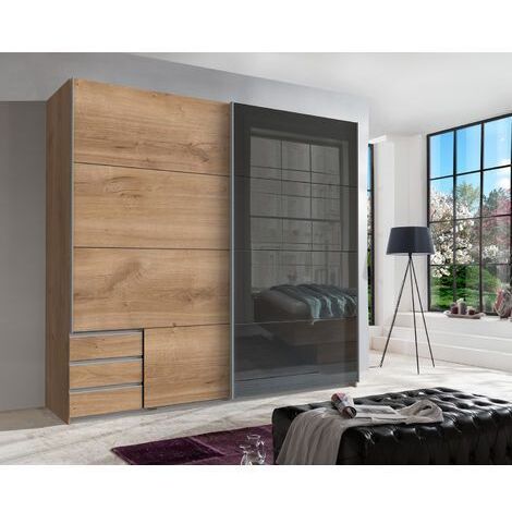 Pegane – Armoire à portes coulissantes imitation chêne poutre – 2 portes – L225 x H210 x P65 cm – Panneaux de particules mélaminés (1/2)