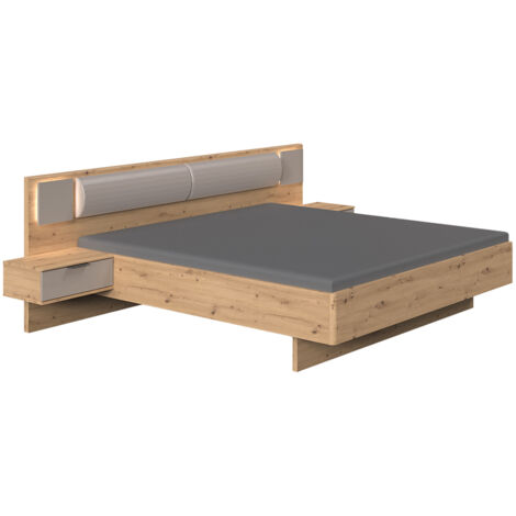 Lit adulte double 180x200 cm King size + LED + 2 chevets coloris imitation chêne Artisan, Façade verre gris - Longueur 289 x Profondeur 210 x Hauteur 92 cm