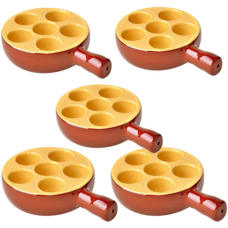 Lot de 5 poêlons à escargots 6 Trous en porcelaine plat cuisson pour escargots avec poignée ,passe au four et lave-vaisselle - 12 x 3,5 cm (1/4)