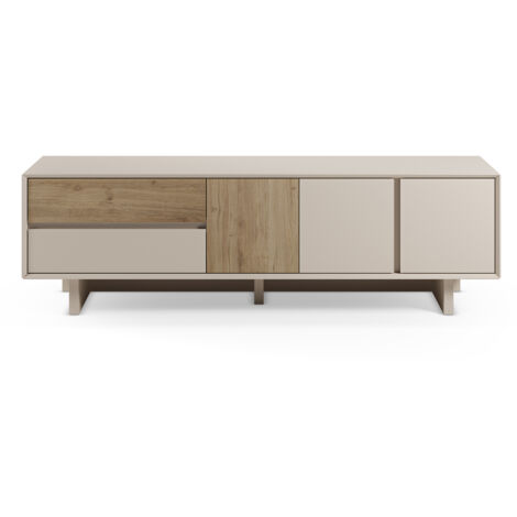 Meuble TV, meuble de salon avec 3 portes et 2 tiroirs aspect bois coloris chêne, blanc - Longueur 180 x Profondeur 45 x Hauteur 55,30 cm (1/5)