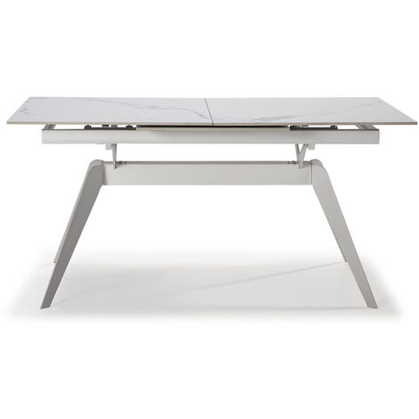 Table à manger, table de repas extensible en céramique coloris blanc, pieds en métal blanc - Longueur 160-220 x Profondeur 90 x Hauteur 76 cm (1/5)