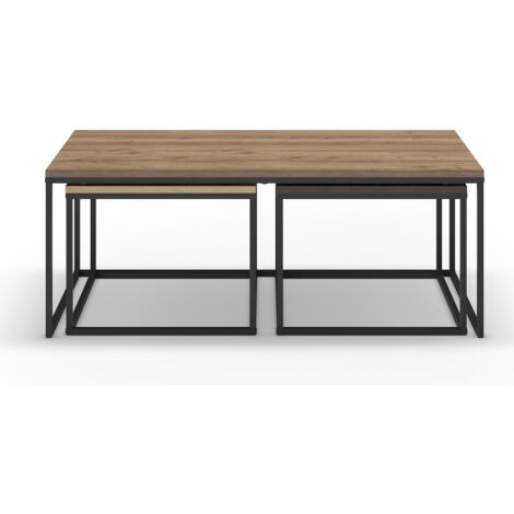 Set de 3 tables basses, tables de salon aspect bois coloris chêne, noyer et métal coloris noir (1/5)