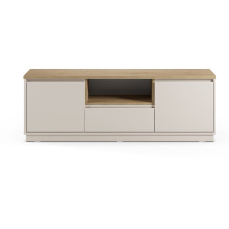 Meuble TV, Meuble de salon avec 2 portes et 1 tiroir aspect bois coloris blanc, chêne - Longueur 161 x Profondeur 40 x Hauteur 55 cm (1/5)