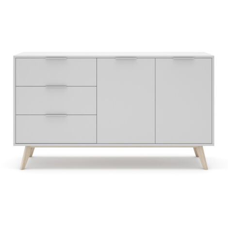 Buffet, meuble de rangement avec 2 portes et 3 tiroirs aspect bois et bois de pin coloris blanc, pieds en pin - Longueur 140 x Profondeur 40 x Hauteur 81 cm (1/5)