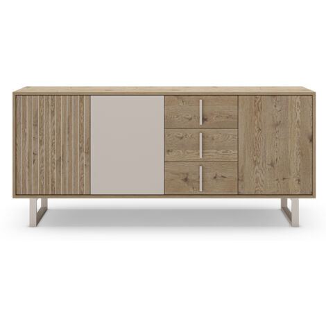 Buffet, meuble de rangement avec 3 portes et 3 tiroirs aspect bois coloris chêne et métal coloris gris - Longueur 180 x Profondeur 40 x Hauteur 80 cm (1/5)
