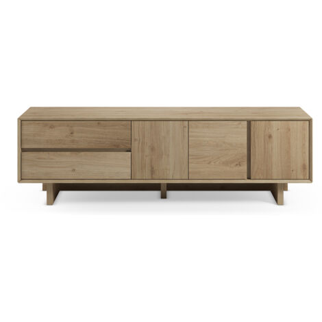 Meuble TV, meuble de salon avec 3 portes et 2 tiroirs aspect bois coloris chêne - Longueur 180 x Profondeur 45 x Hauteur 55,30 cm (1/5)