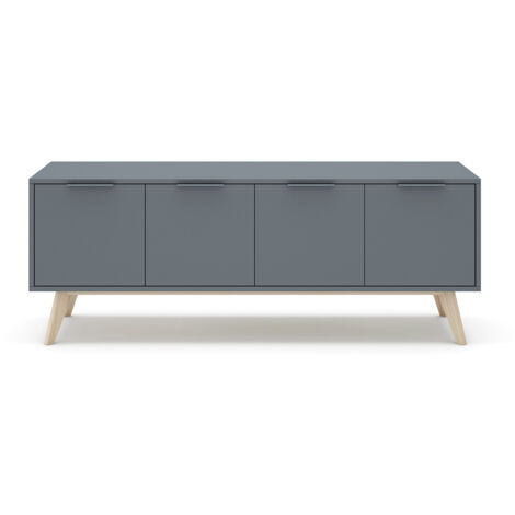 Meuble TV, Meuble de salon avec 4 portes aspect bois coloris Vert Kaki, pieds en pin coloris blanc ciré - Longueur 140 x Profondeur 40 x Hauteur 53 cm (1/5)