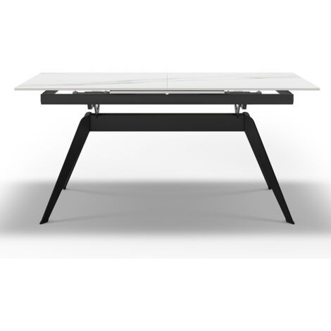 Table à manger, table de repas extensible en céramique coloris blanc, pieds en métal noir - Longueur 160-220 x Profondeur 90 x Hauteur 76 cm (1/5)
