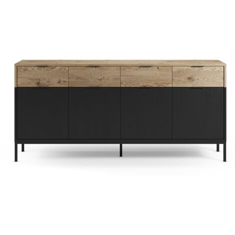 Buffet, meuble de rangement avec 4 portes et 4 tiroirs aspect bois coloris chêne et pieds en métal noir - Longueur 180 x Profondeur 40 x Hauteur 80 cm (1/5)