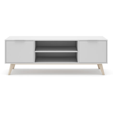 Meuble TV, meuble de salon avec 2 portes et 2 niches en pin colorisblanc/naturel - Longueur 140 x Profondeur 40 x Hauteur 53 cm (1/5)