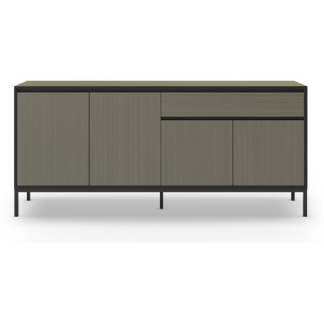 Buffet, commode basse avec 4 portes et 1 tiroir aspect bois coloris Vert foncé et pieds en métal noir - Longueur 180 x Profondeur 40 x Hauteur 80 cm (1/5)