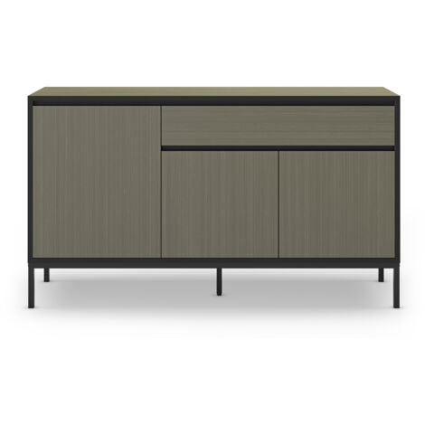 Buffet, commode de rangement avec 3 portes et 1 tiroir aspect bois coloris vert, pieds en métal noir - Longueur 140 x Profondeur 40 x Hauteur 80 cm (1/4)