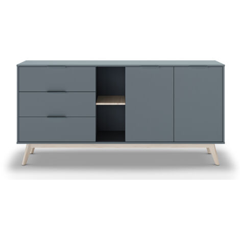 Buffet, commode rectangulaire avec 2 portes et 3 tiroirs aspect bois coloris Vert Kaki, pieds en pin coloris blanc ciré - Longueur 165 x Profondeur 40 x Hauteur 81 cm (1/5)