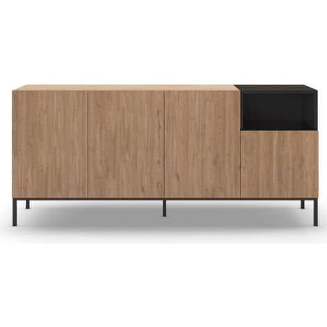 Buffet, commode rectangulaire avec 4 portes aspect bois coloris naturel, noir et pieds en métal coloris noir - Longueur 180 x Profondeur 40 x Hauteur 80 cm (1/5)