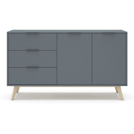Buffet, commode rectangulaire avec 2 portes et 3 tiroirs aspect bois coloris Vert Kaki, pieds en pin coloris blanc ciré - Longueur 140 x Profondeur 40 x Hauteur 81 cm (1/5)