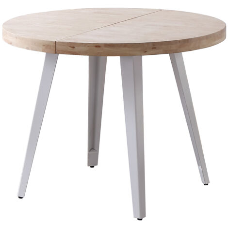 Table à manger, table de repas ronde extensible en bois coloris chêne nordique, pieds en métal coloris blanc  - diamètre 120-200  x hauteur 76 cm (1/4)