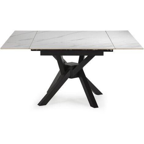 Table à manger, table de repas extensible carrée en Pierre frittée coloris blanc, pieds en métal noir - Longueur 150 x Profondeur 90-150 x Hauteur 76 cm (1/5)