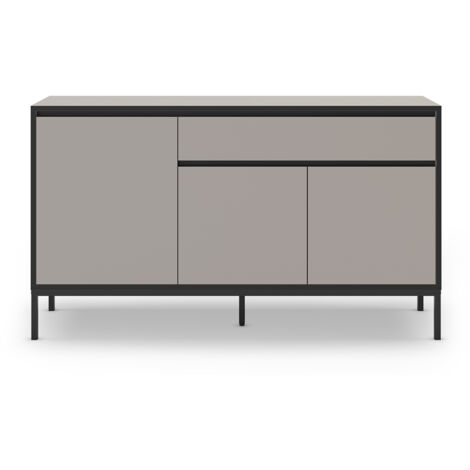 Buffet, commode de rangement avec 3 portes et 1 tiroir aspect bois coloris crème, pieds en métal noir - Longueur 140 x Profondeur 40 x Hauteur 80 cm (1/4)