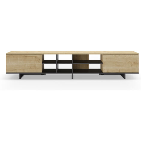 Meuble TV, meuble de salon avec 2 portes aspect bois coloris noir, chêne - Longueur 230 x Profondeur 35,60 x Hauteur 44 cm (1/5)