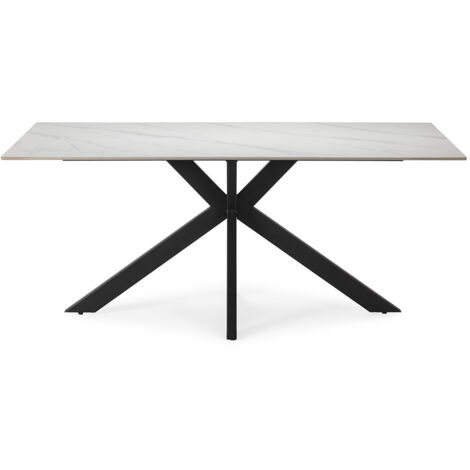 Table à manger, table de repas rectangulaire en céramique coloris blanc, pieds en métal noir - Longueur 180 x Profondeur 90 x Hauteur 76 cm (1/5)