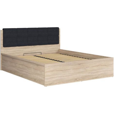 Lit adule 160x200 avec tête de lit capitonnée noir,sommier et rangement, coloris chêne Sonoma - Longueur 204,5 x Profondeur 169 x Hauteur 95/40,5 cm (1/5)