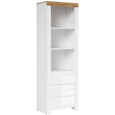 Bibliothèque meuble de rangemenbt avec 3 tiroirs et 4 étagères,coloris Blanc/Chêne wotan - Longueur 68 x Profondeur 42 x Hauteur 203,5 cm (1/5)