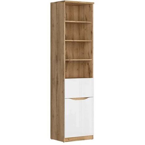 Bibliothèque avec 1 porte, 1 tiroir et 4 étagères,coloris Chêne wotan/Blanc brillant - Longueur 50 x Profondeur 40 x Hauteur 198 cm (1/4)