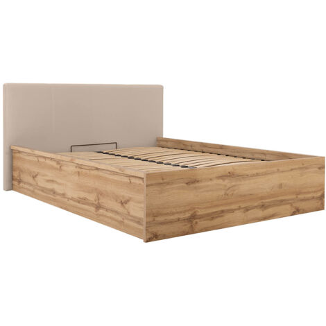 Lit adule 160x200 avec tête de lit rembourrée beige,sommier et rangement, coloris chêne Sonoma - Longueur 204,5 x Profondeur 169 x Hauteur 95/40,5 cm (1/4)