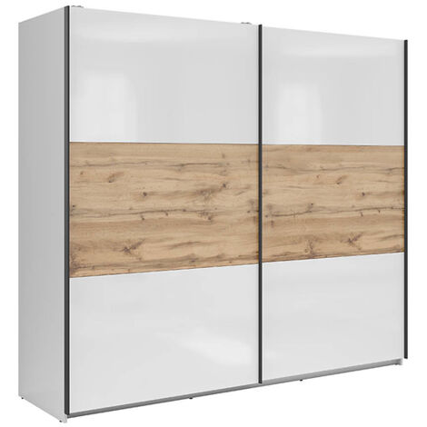 Armoire à 2 portes coulissante coloris Blanc brillant/Chêne wotan - Longueur 220 x Profondeur 60 x Hauteur 195,5 cm (1/3)